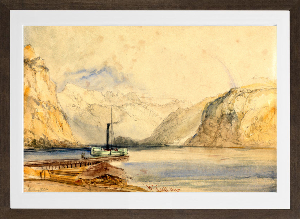 William Callow Print, Wallenstadt from Wesen, Switzerland (1838) in a brown frame