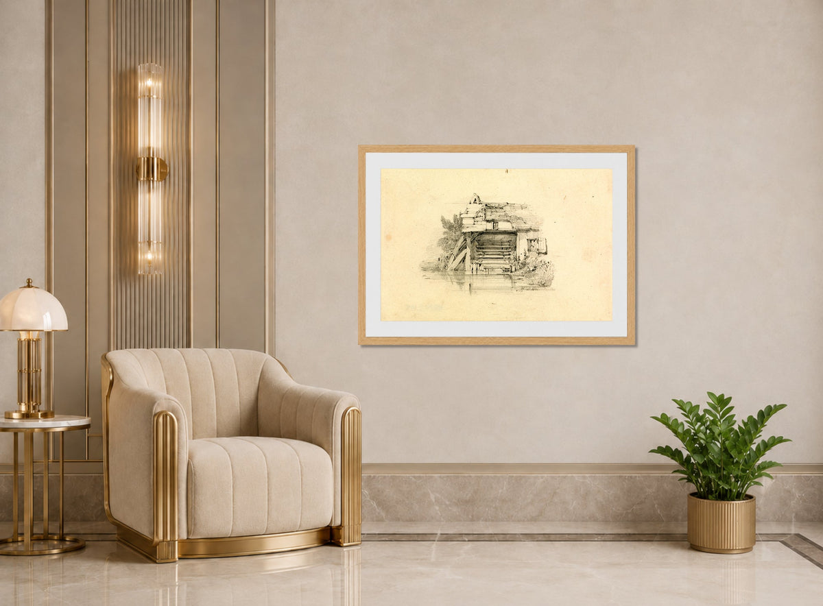 William Callow Print, Watermill displayed in an Art Deco interior