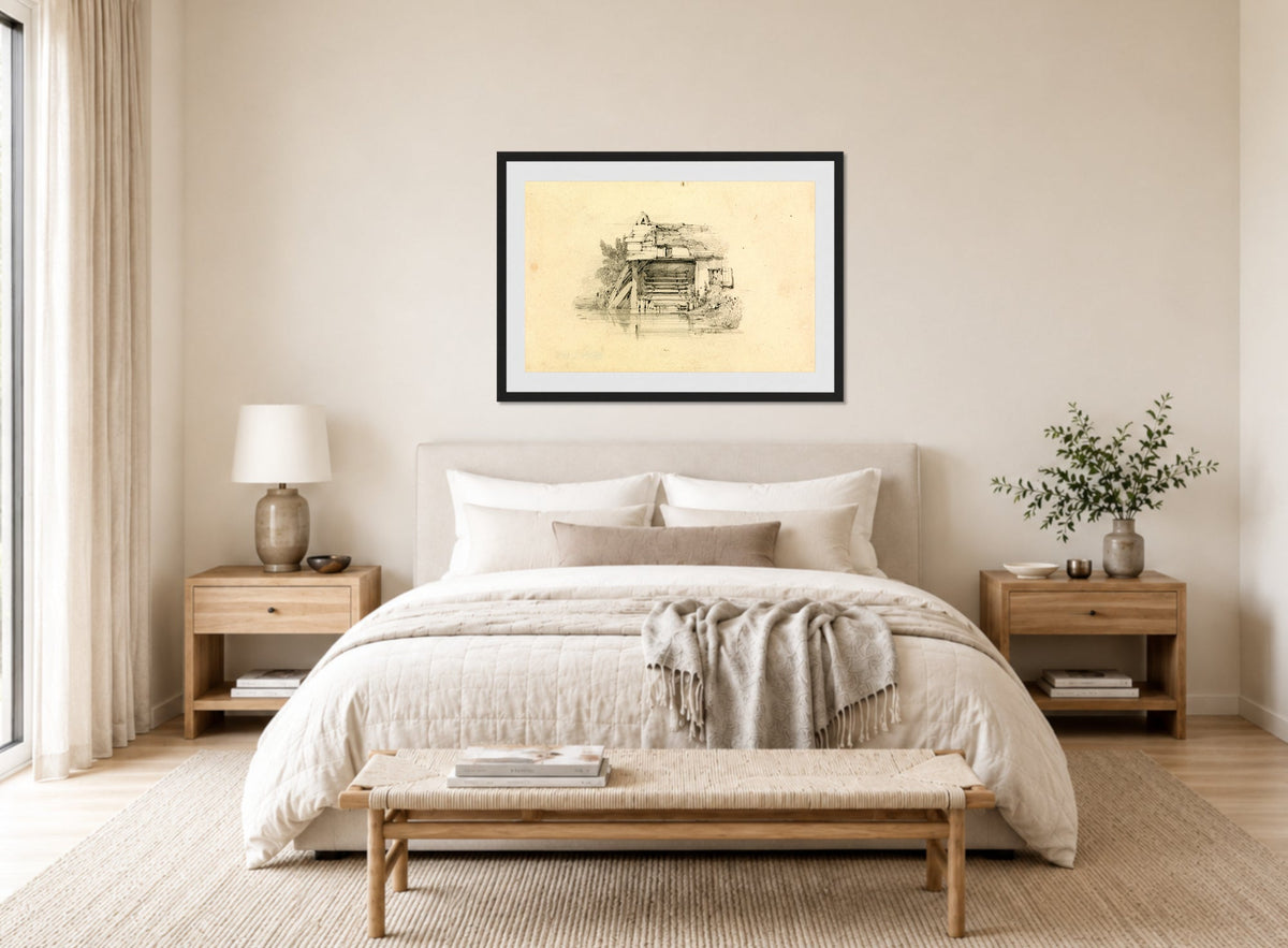William Callow Print, Watermill displayed above a bed