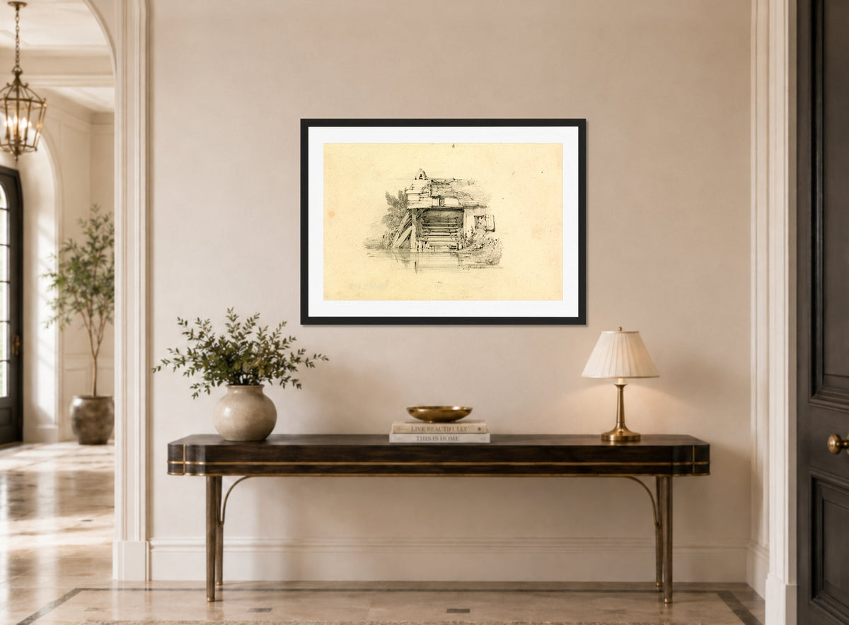 William Callow Print, Watermill displayed above a console table