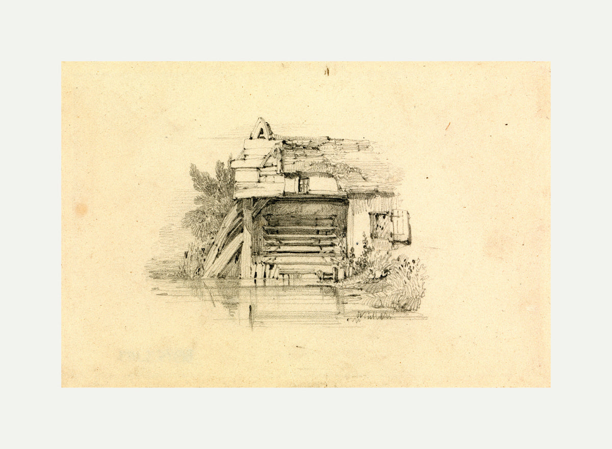William Callow Print, Watermill with an off-white border for rolled canvas