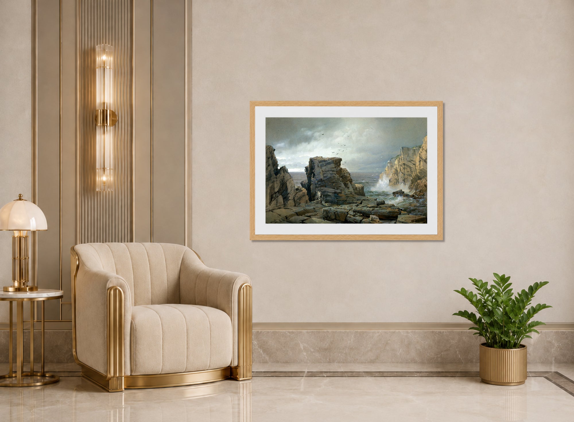 William Trost Richards Print, A Rocky Coast (1877) displayed in an Art Deco interior