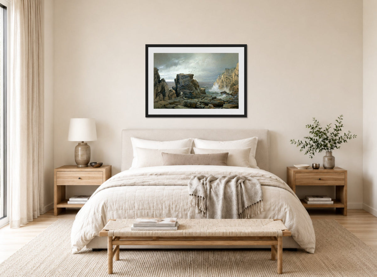 William Trost Richards Print, A Rocky Coast (1877) displayed above a bed
