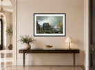 William Trost Richards Print, A Rocky Coast (1877) displayed above a console table