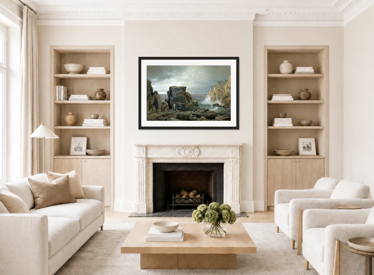 William Trost Richards Print, A Rocky Coast (1877) displayed in a Scandinavian living room