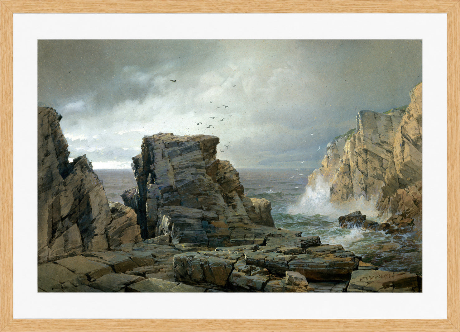William Trost Richards Print, A Rocky Coast (1877) in a light oak frame