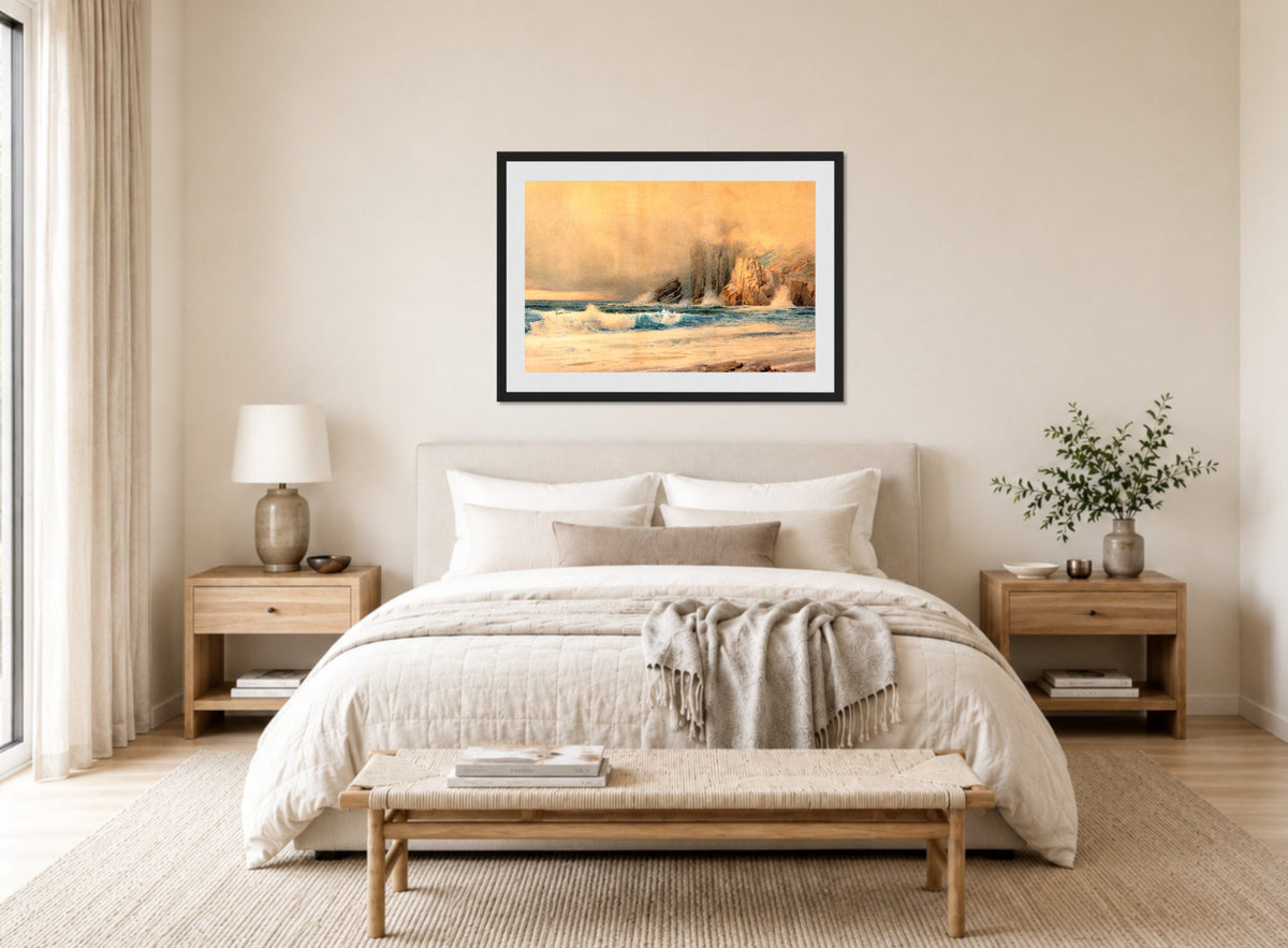 William Trost Richards Print, A Rocky Coast (1897) displayed above a bed