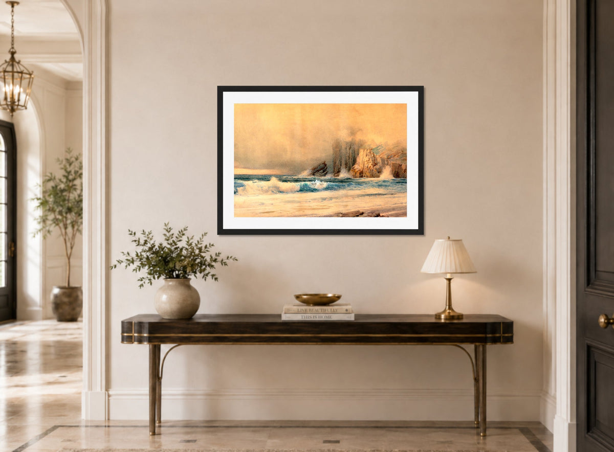 William Trost Richards Print, A Rocky Coast (1897) displayed above a console table