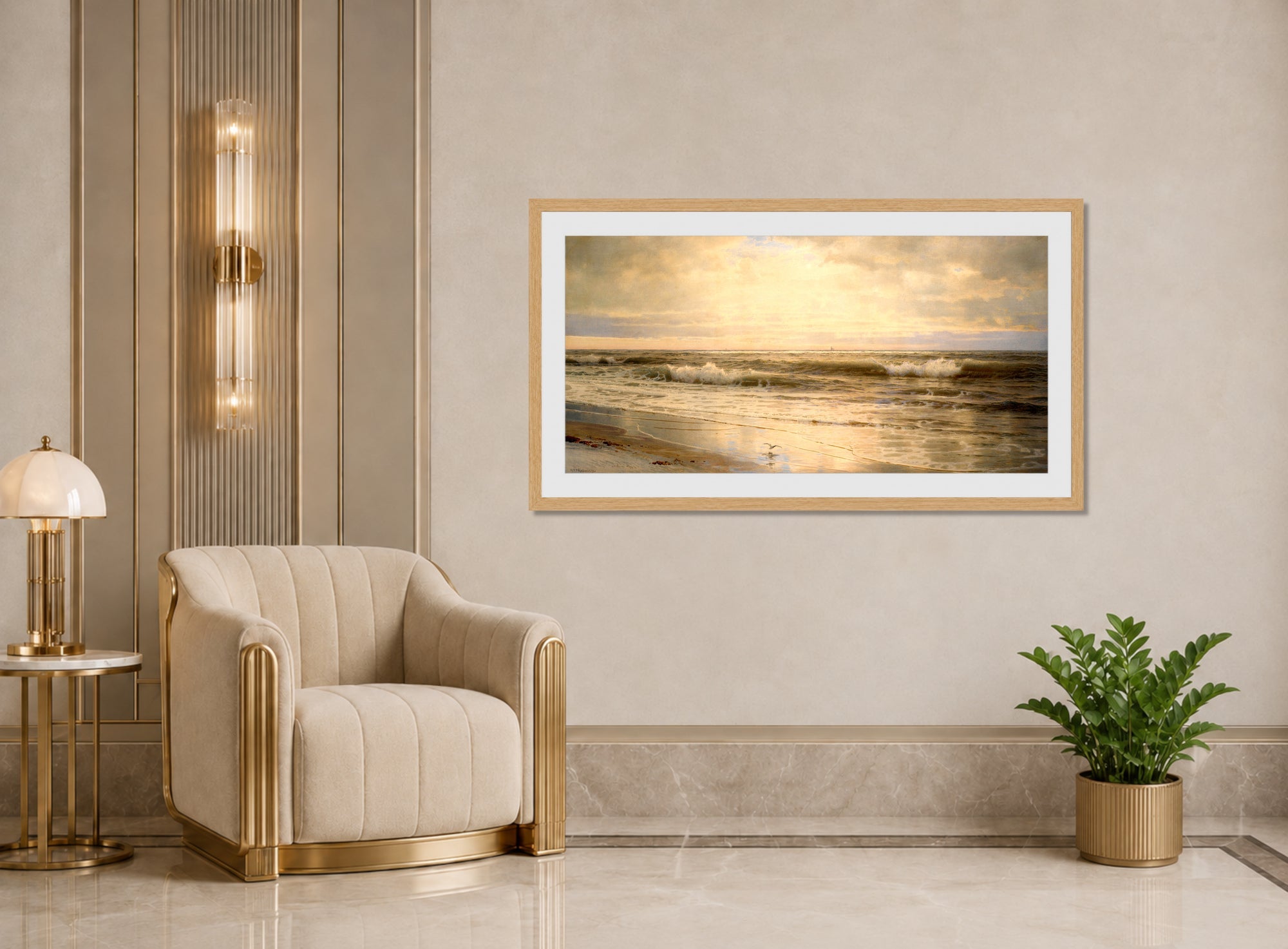 William Trost Richards Print, Atlantic Coast (1898) displayed in an Art Deco interior