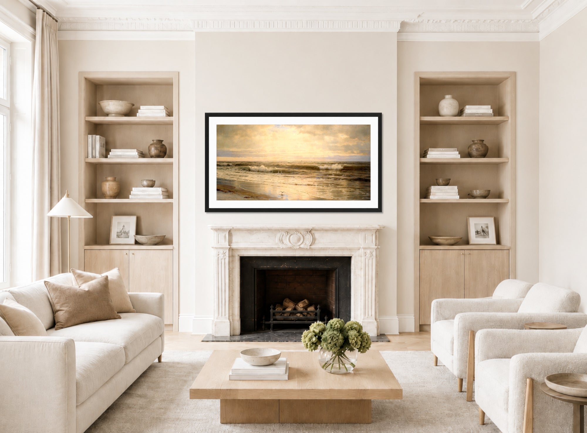 William Trost Richards Print, Atlantic Coast (1898) displayed in a Scandinavian living room