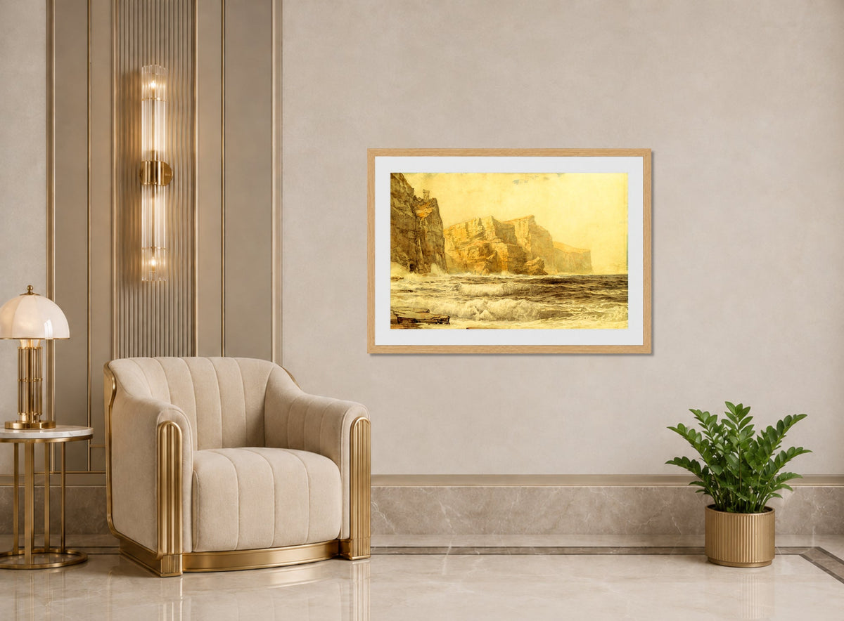 William Trost Richards Print, Baldart Castle, Kilkee, County Clare, Ireland (1892) displayed in an Art Deco interior