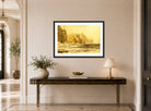 William Trost Richards Print, Baldart Castle, Kilkee, County Clare, Ireland (1892) displayed above a console table