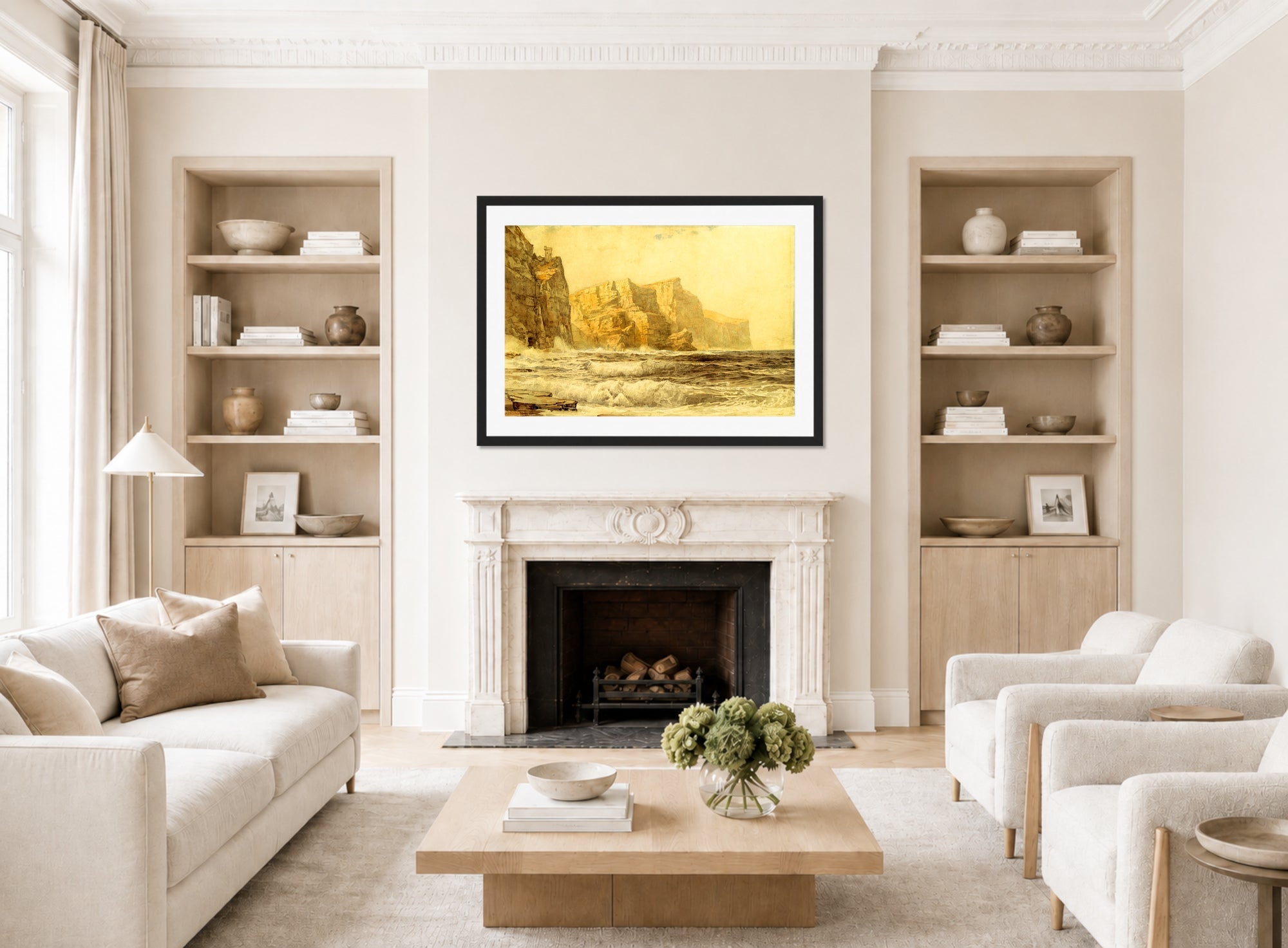William Trost Richards Print, Baldart Castle, Kilkee, County Clare, Ireland (1892) displayed in a Scandinavian living room