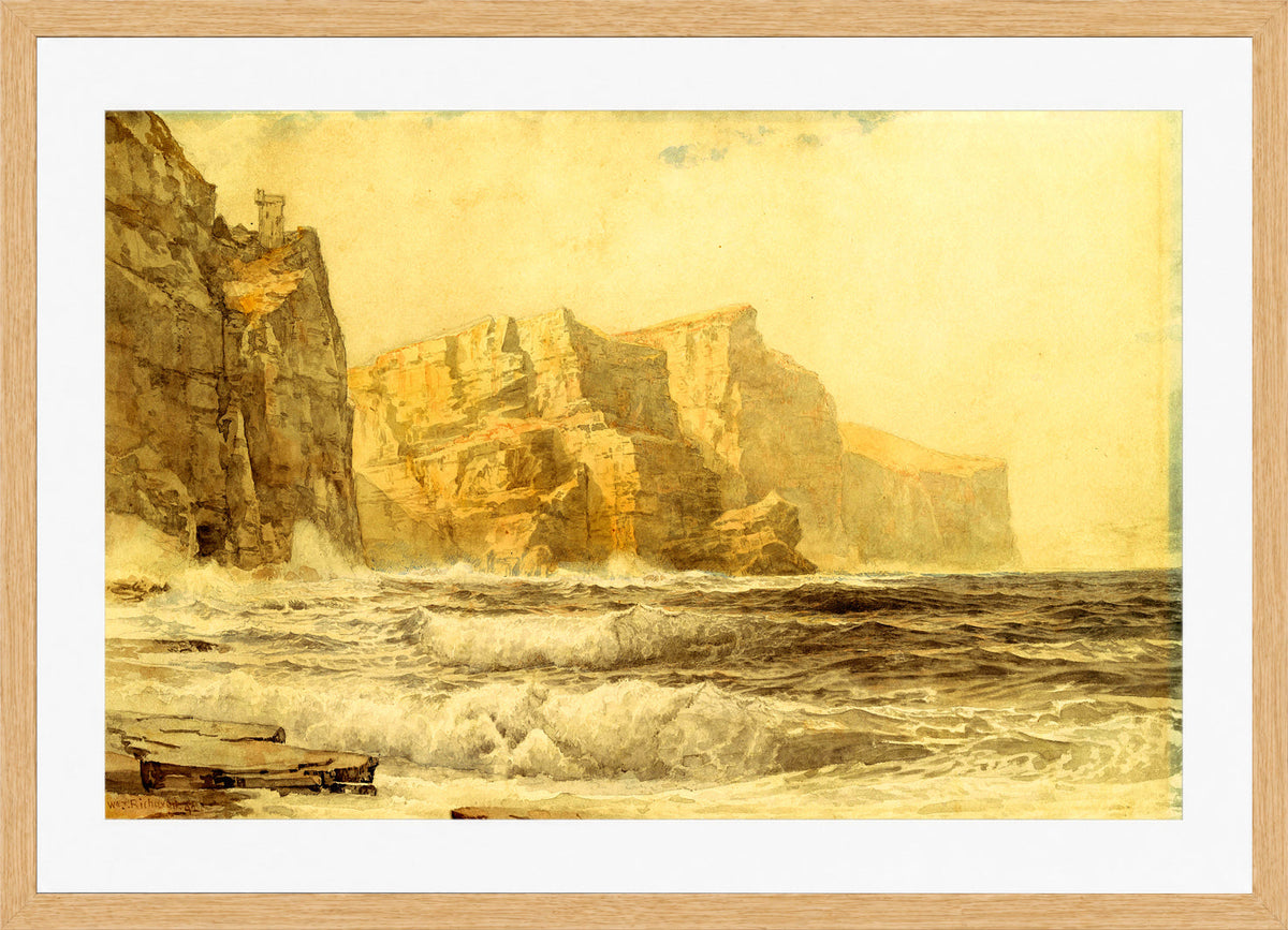 William Trost Richards Print, Baldart Castle, Kilkee, County Clare, Ireland (1892) in a light oak frame