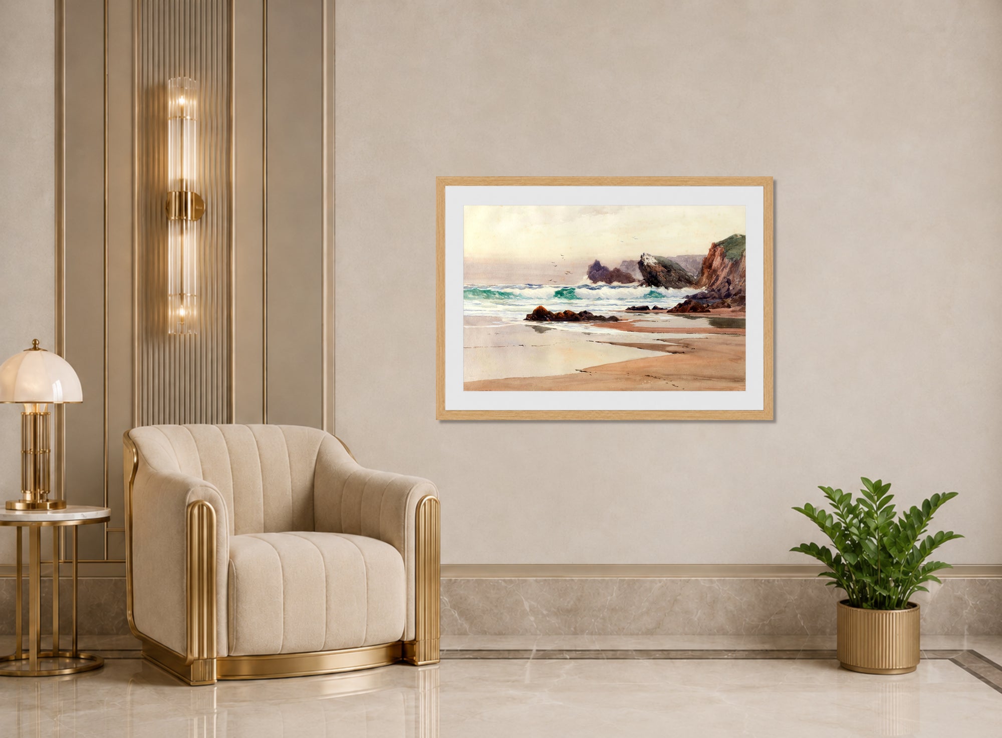 William Trost Richards Print, Breakers (1881) displayed in an Art Deco interior