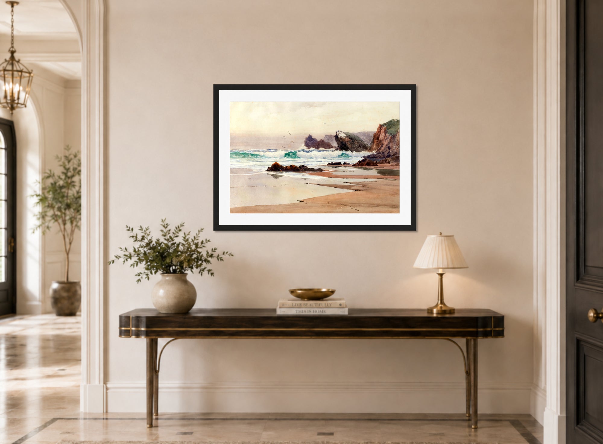 William Trost Richards Print, Breakers (1881) displayed above a console table