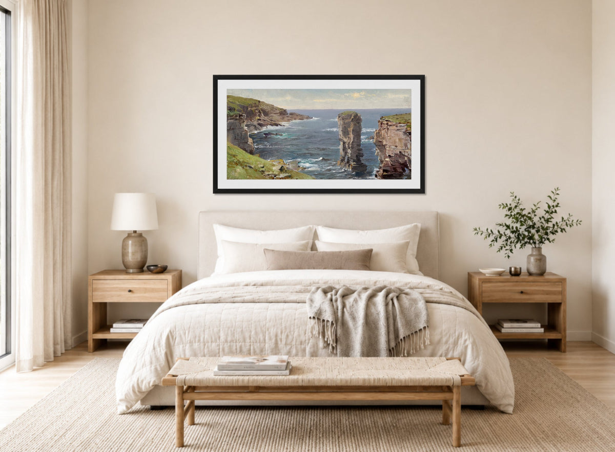 William Trost Richards Print, British Coastal View (Coast of Cornwall) (circa 1880) displayed above a bed