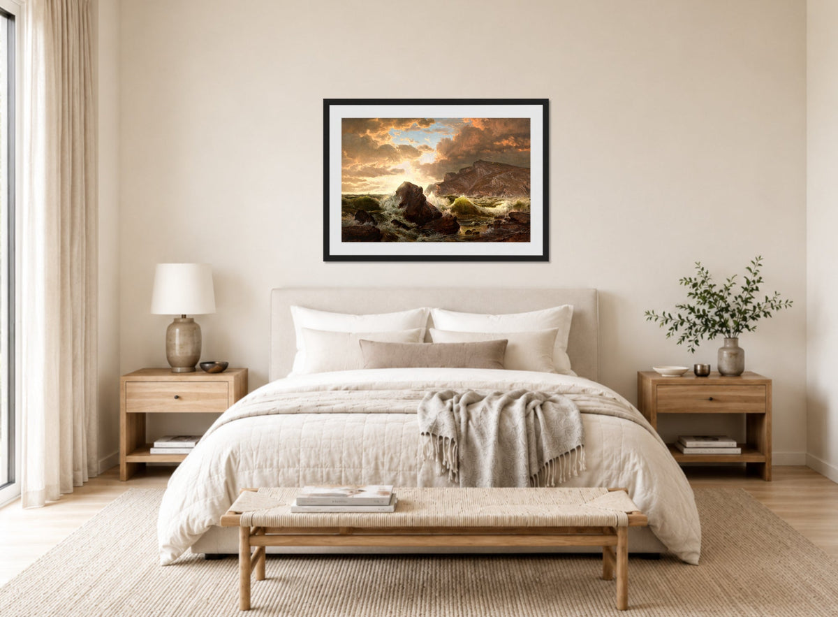 William Trost Richards Print, Coastal Scene displayed above a bed
