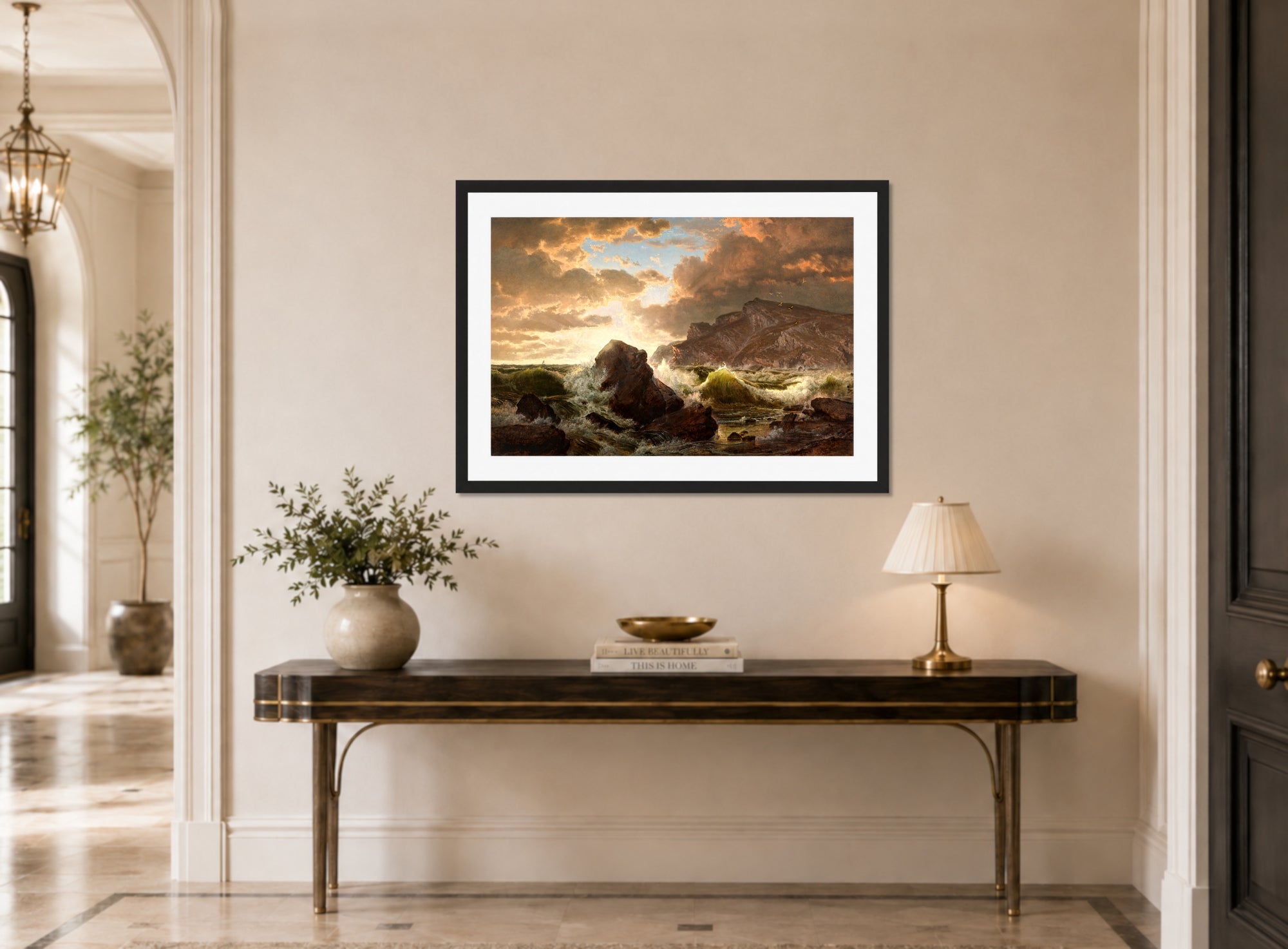 William Trost Richards Print, Coastal Scene displayed above a console table