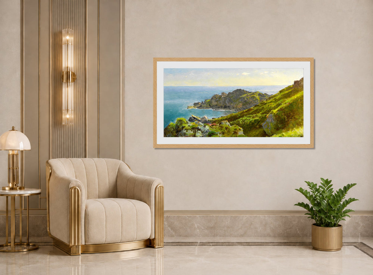 William Trost Richards Print, Coastline With Grassy Slope displayed in an Art Deco interior