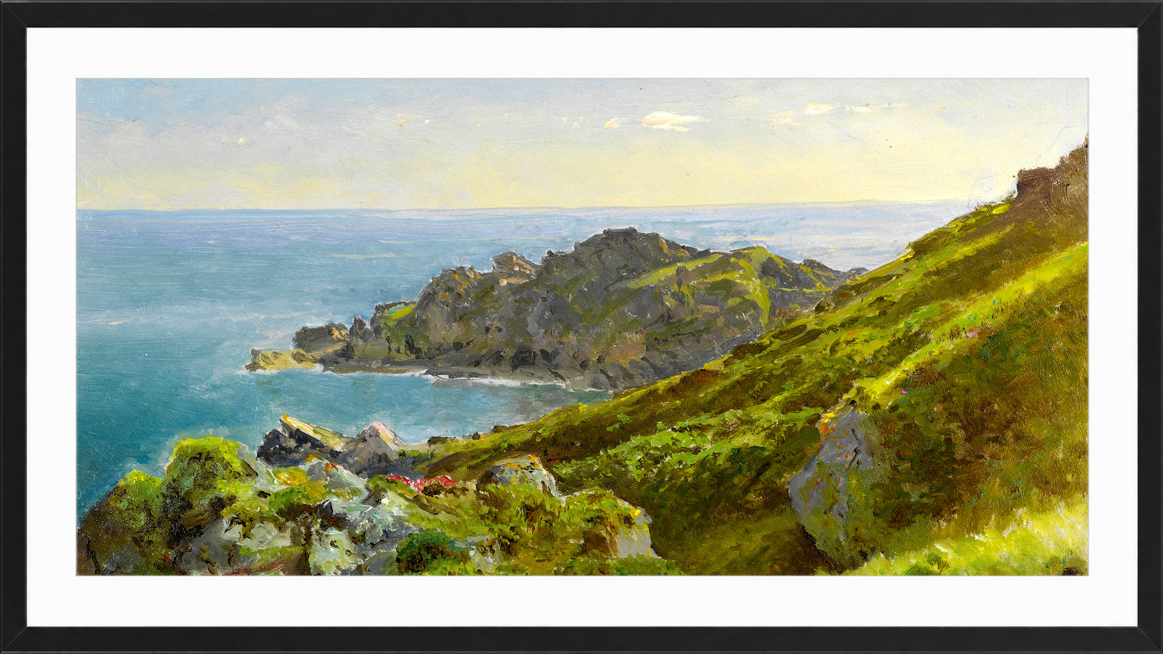 William Trost Richards Print, Coastline With Grassy Slope in a black frame