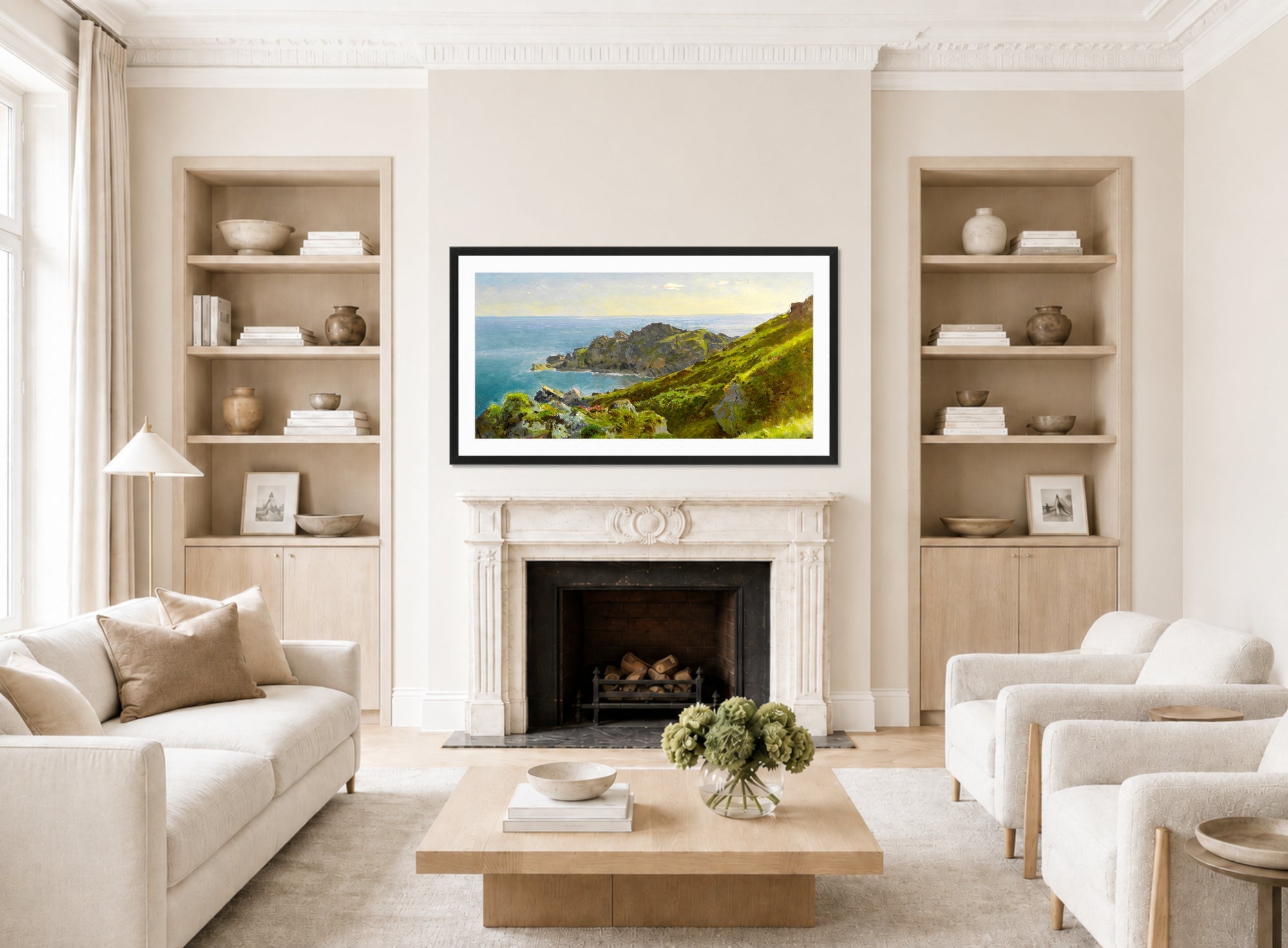 William Trost Richards Print, Coastline With Grassy Slope displayed in a Scandinavian living room