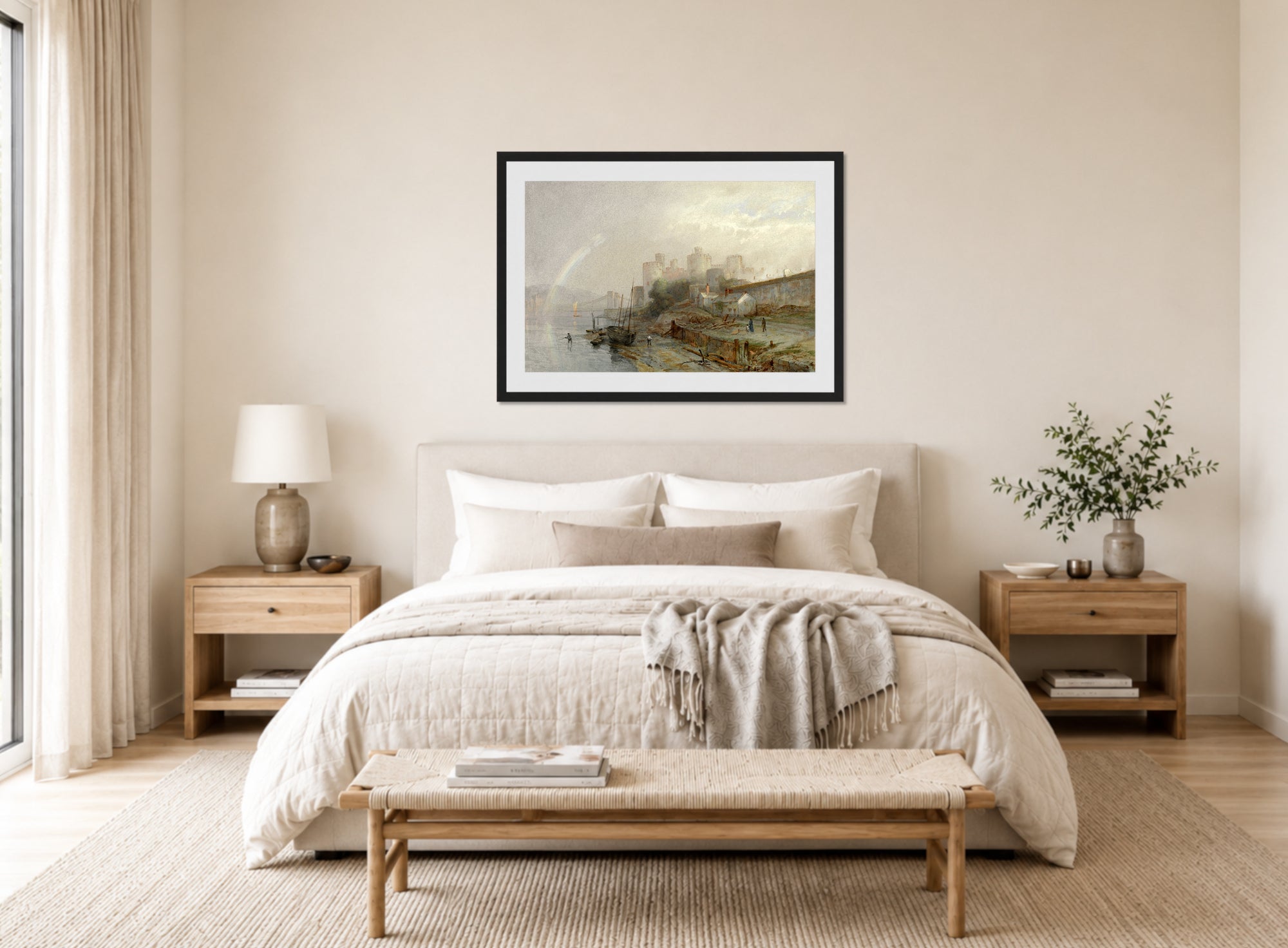 William Trost Richards Print, Conway Castle, Wales (1880) displayed above a bed