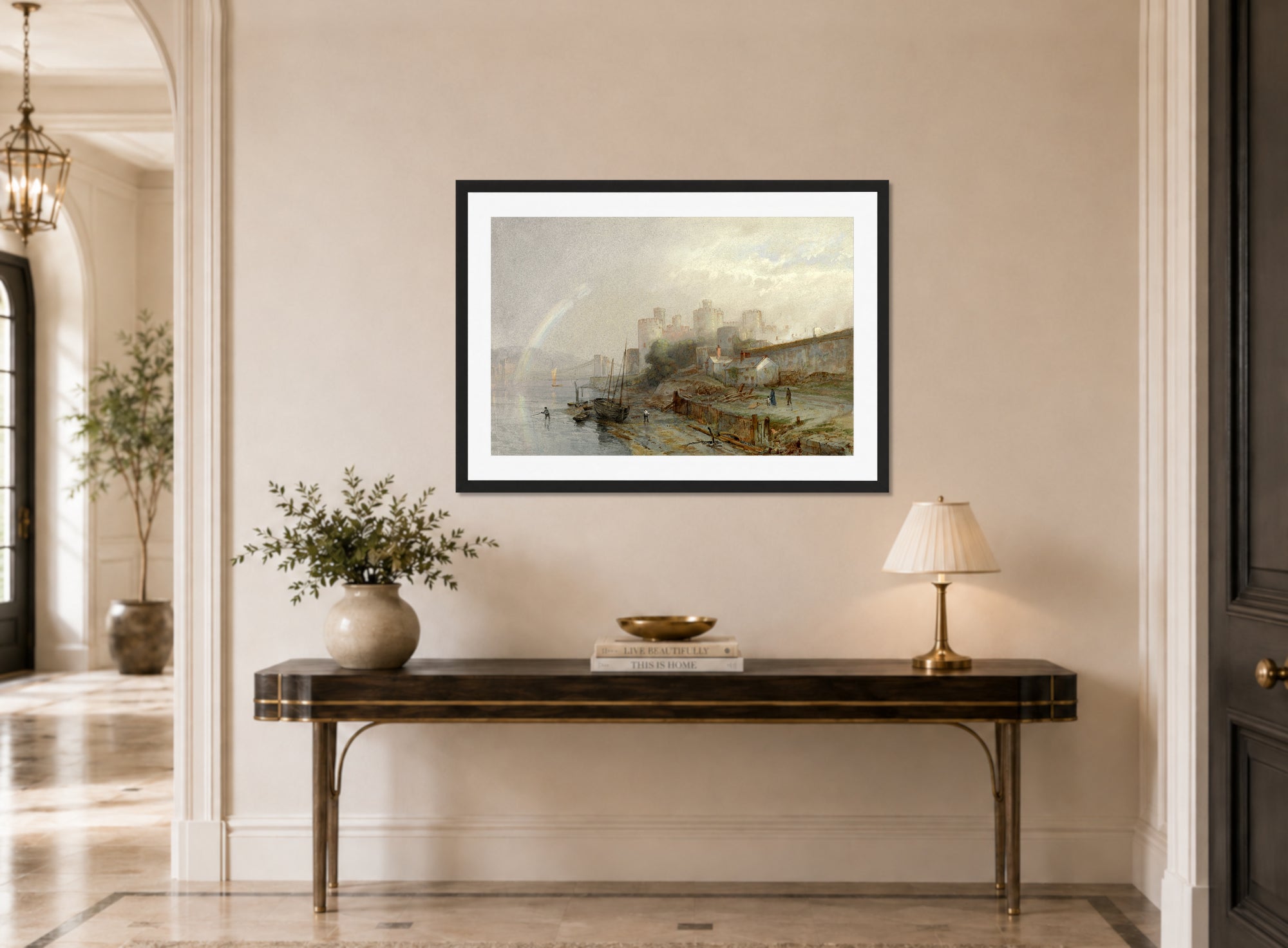 William Trost Richards Print, Conway Castle, Wales (1880) displayed above a console table