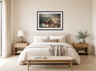 William Trost Richards Print, Cormorant Cliff, Jamestown, Rhode Island (1877) displayed above a bed