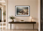 William Trost Richards Print, Cormorant Cliff, Jamestown, Rhode Island (1877) displayed above a console table