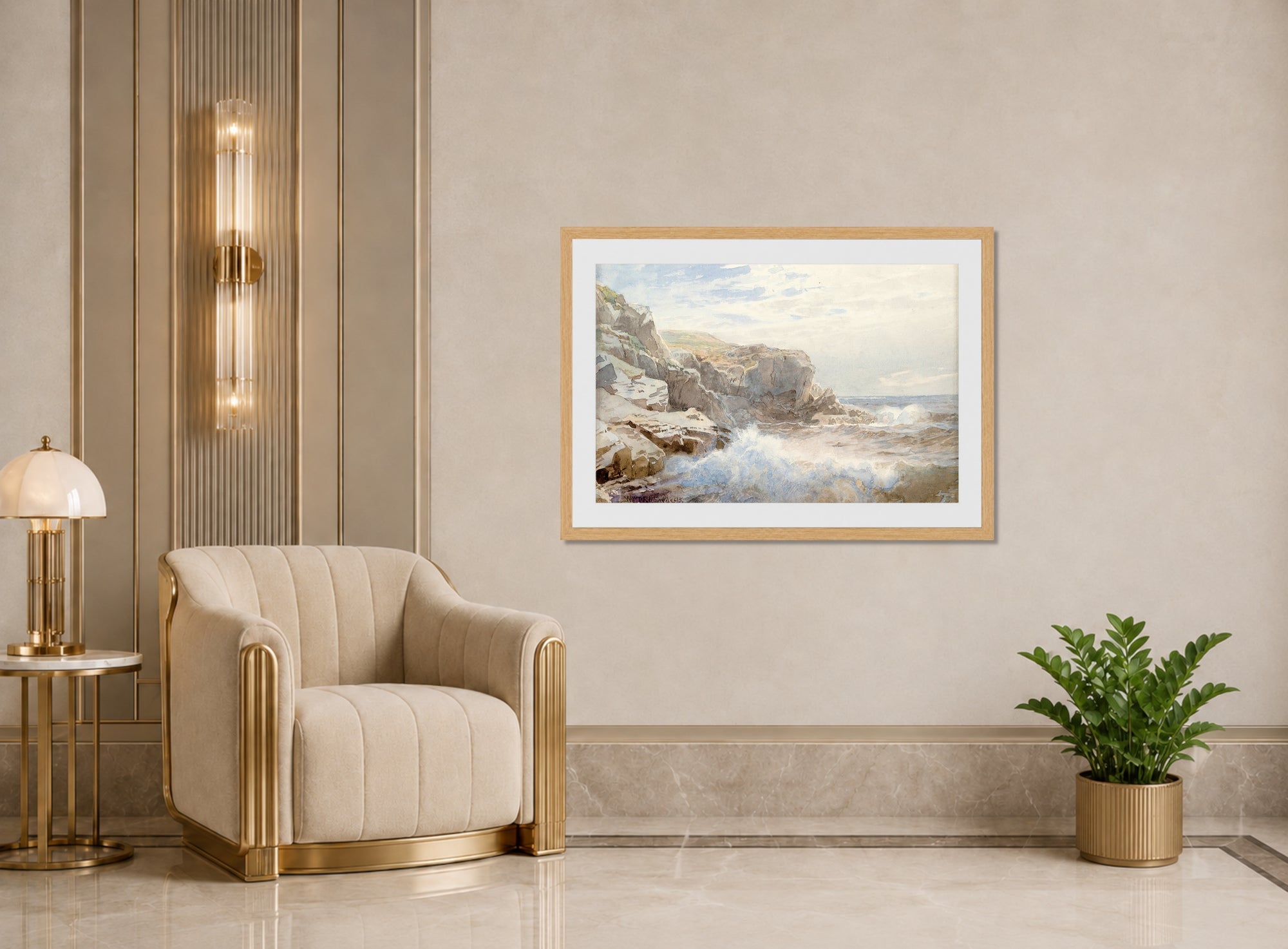 William Trost Richards Print, Crashing Waves (circa 1895) displayed in an Art Deco interior