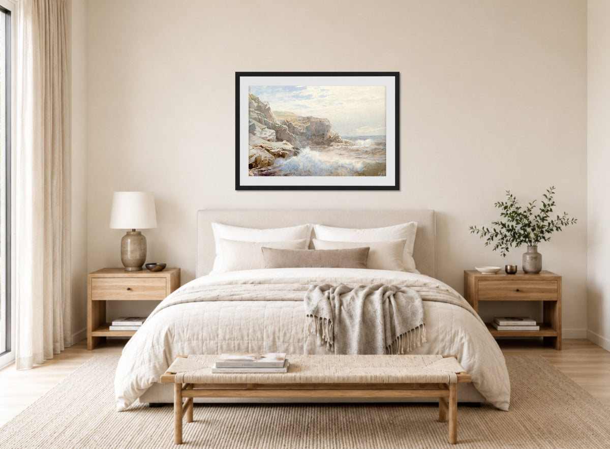 William Trost Richards Print, Crashing Waves (circa 1895) displayed above a bed