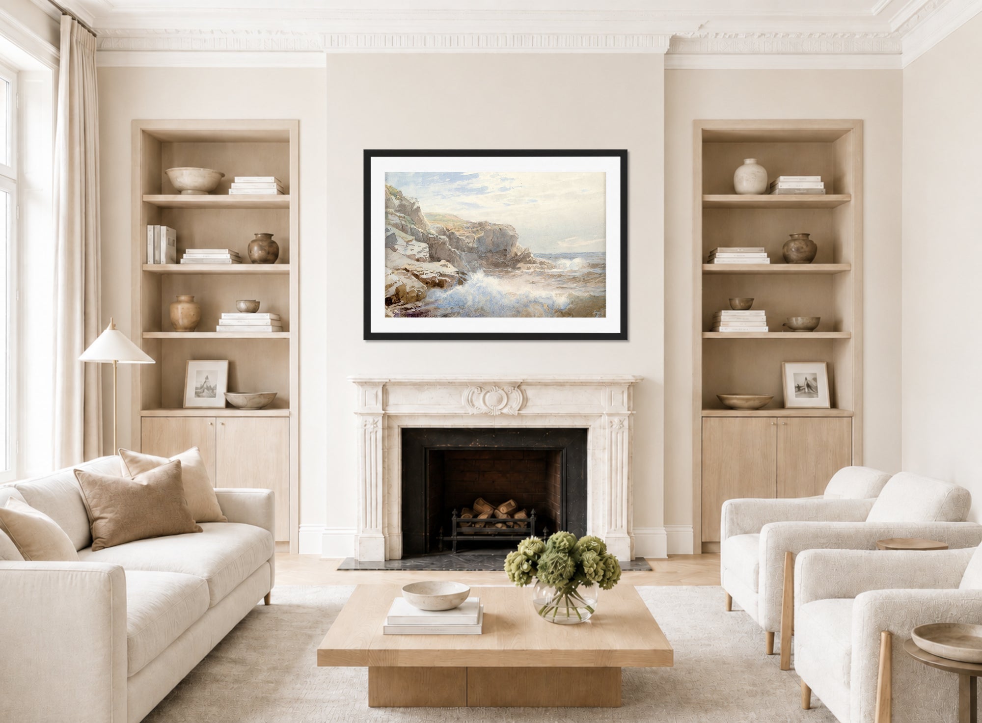 William Trost Richards Print, Crashing Waves (circa 1895) displayed in a Scandinavian living room