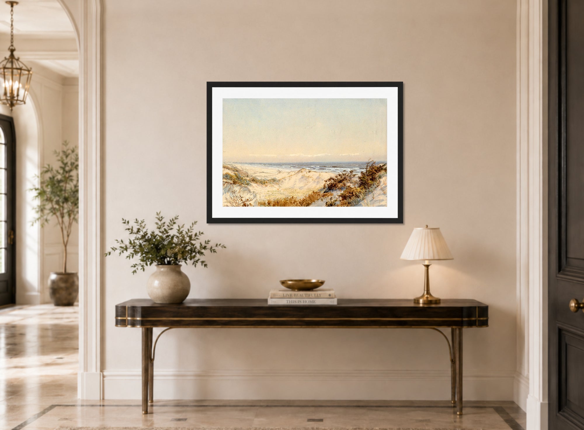 William Trost Richards Print, Dunes Near Atlantic City (circa 1895) displayed above a console table
