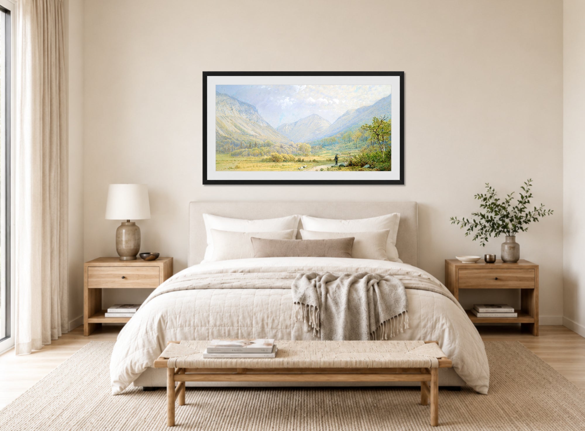 William Trost Richards Print, Franconia Notch, New Hampshire (1872) displayed above a bed