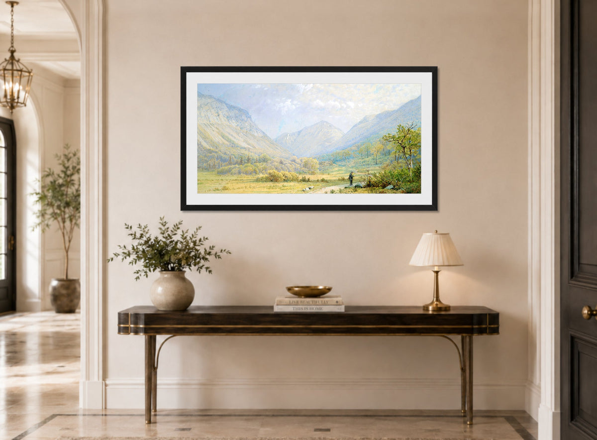 William Trost Richards Print, Franconia Notch, New Hampshire (1872) displayed above a console table