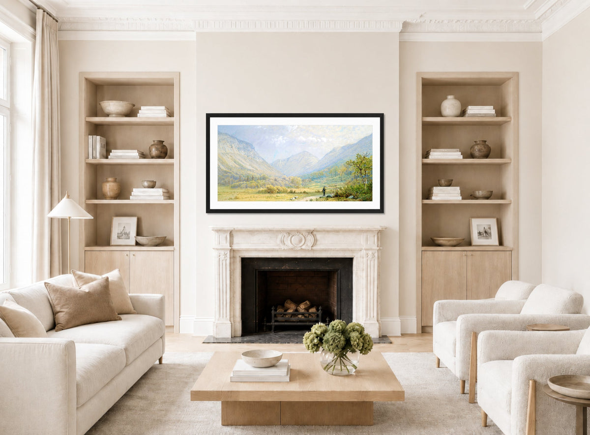 William Trost Richards Print, Franconia Notch, New Hampshire (1872) displayed in a Scandinavian living room