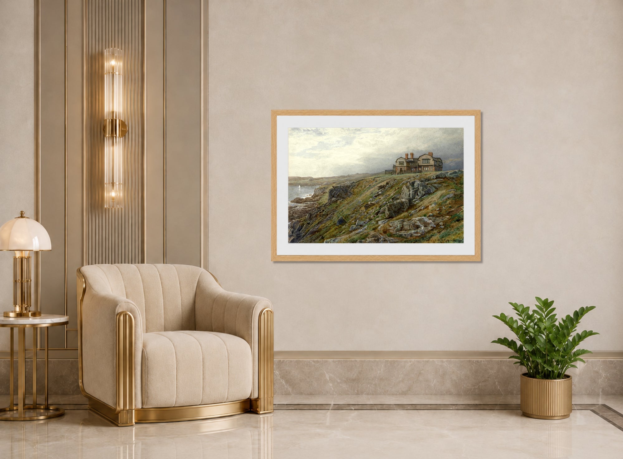 William Trost Richards Print, Graycliff, the Artist’s Home, Newport, Rhode Island (1882) displayed in an Art Deco interior