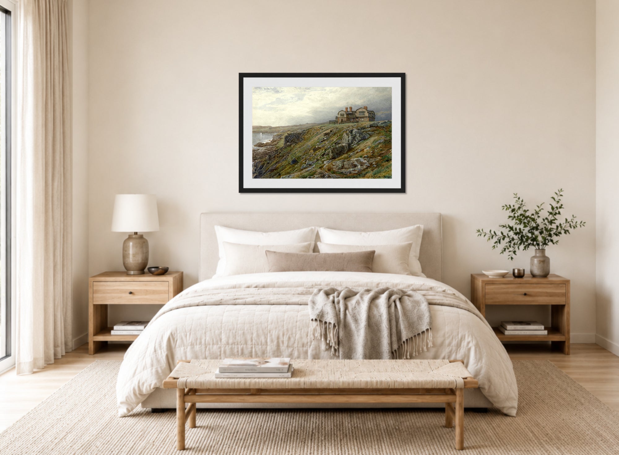 William Trost Richards Print, Graycliff, the Artist’s Home, Newport, Rhode Island (1882) displayed above a bed