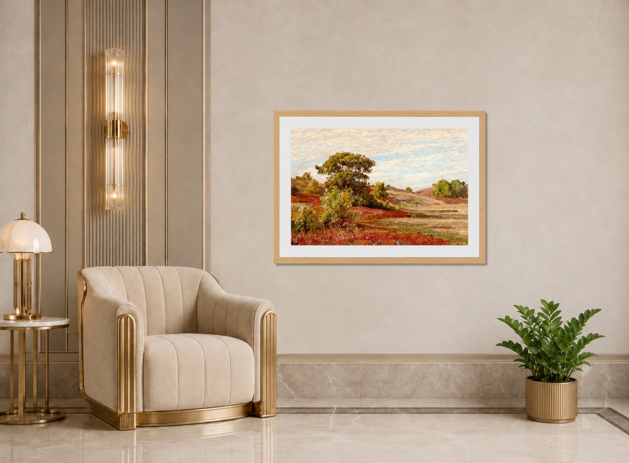 William Trost Richards Print, Huckleberry Bushes at Matunuck, Rhode Island displayed in an Art Deco interior