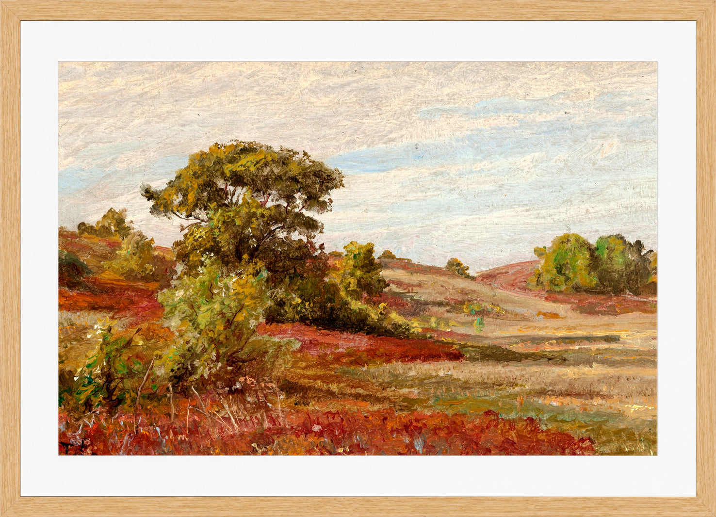 William Trost Richards Print, Huckleberry Bushes at Matunuck, Rhode Island in a light oak frame