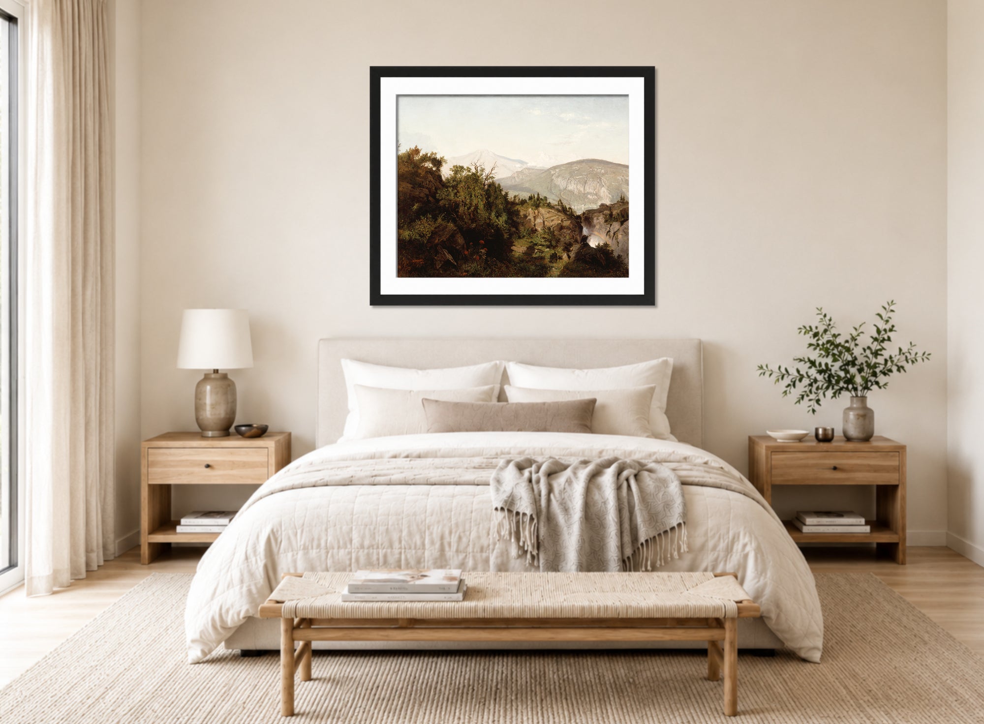 William Trost Richards Print, In the Adirondack Mountains (1857) displayed above a bed