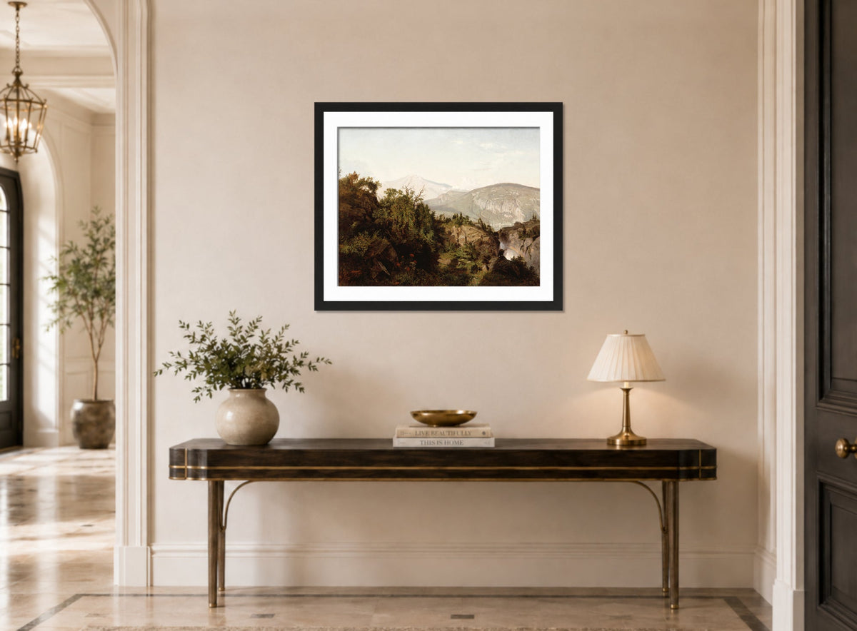 William Trost Richards Print, In the Adirondack Mountains (1857) displayed above a console table