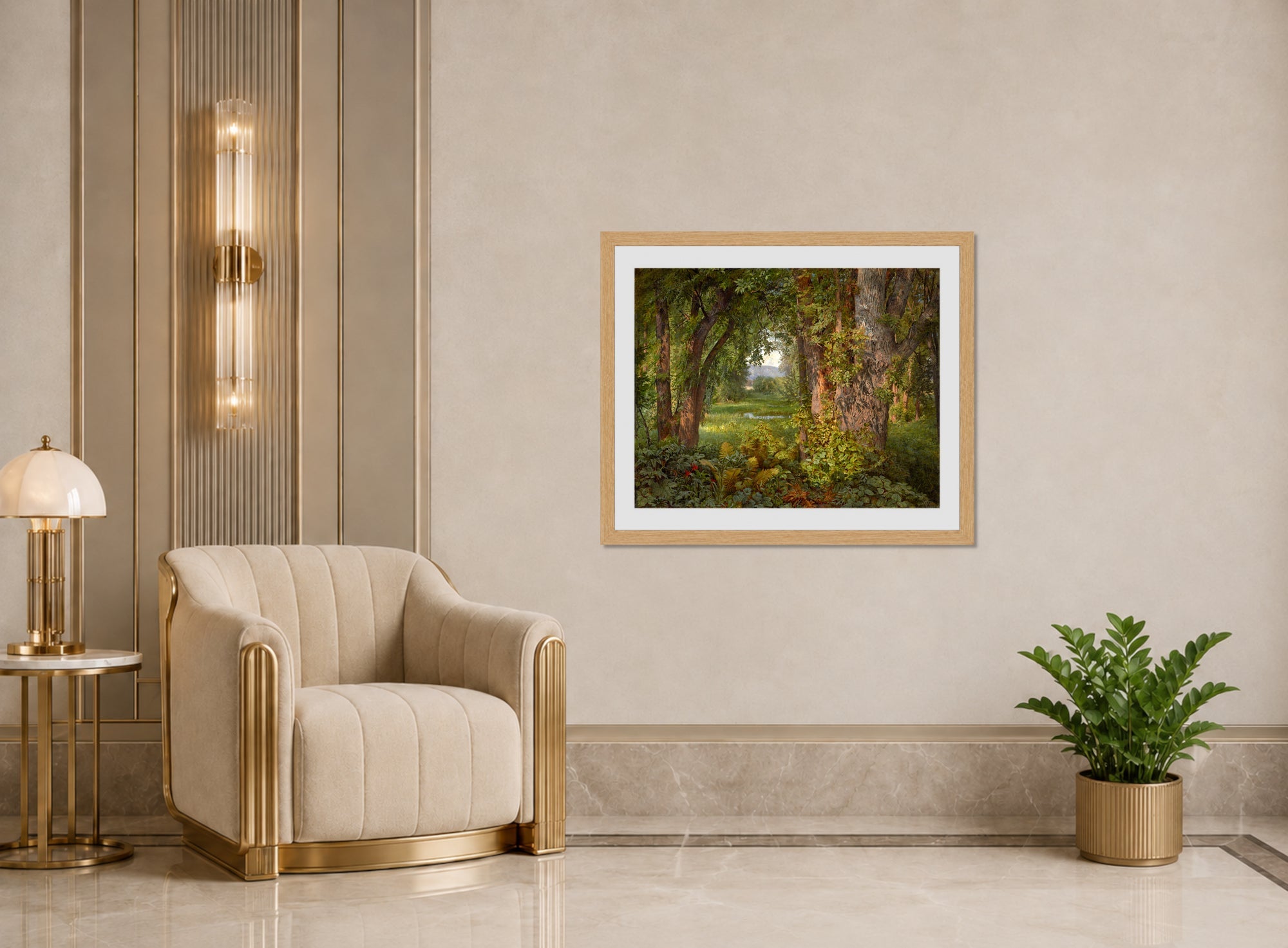 William Trost Richards Print, In the Woods (1860) displayed in an Art Deco interior