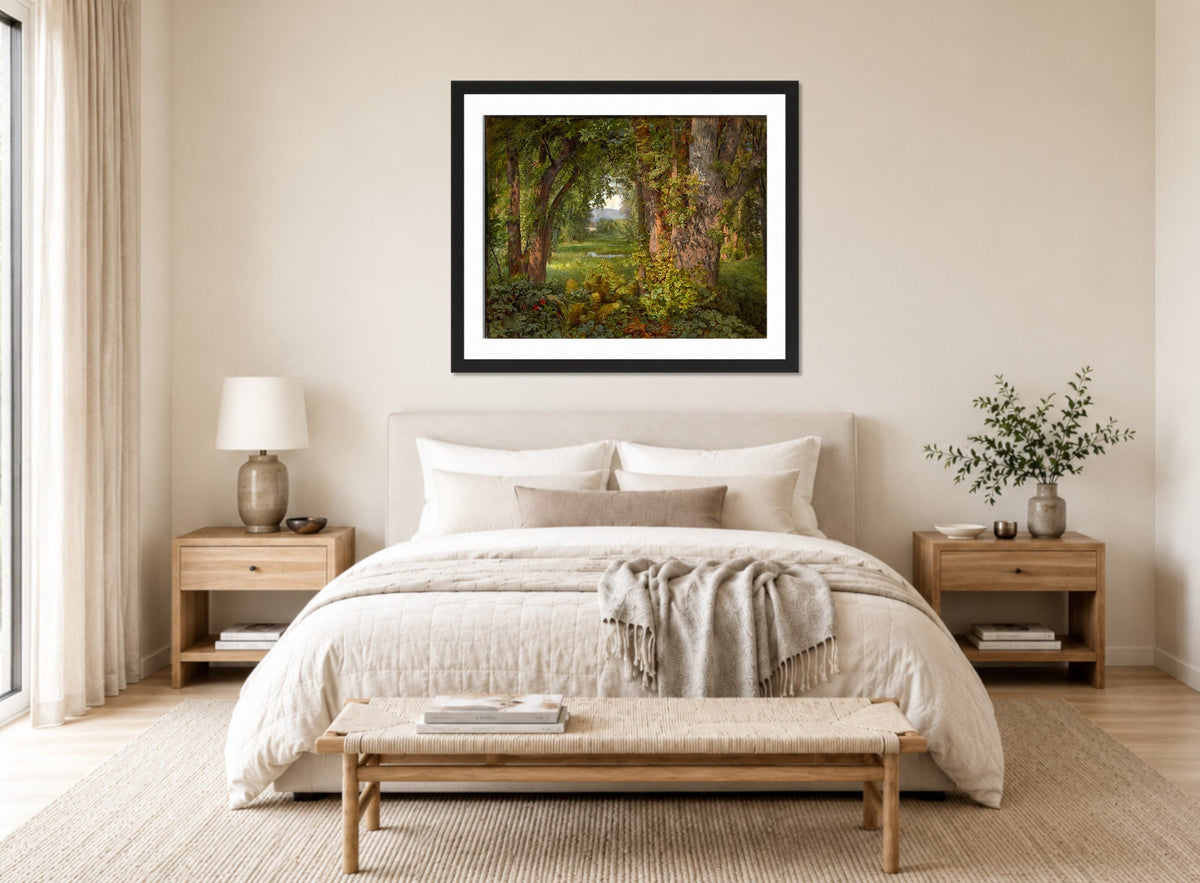 William Trost Richards Print, In the Woods (1860) displayed above a bed