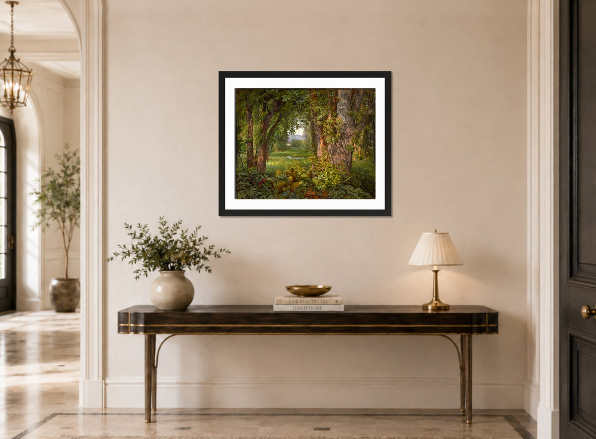 William Trost Richards Print, In the Woods (1860) displayed above a console table