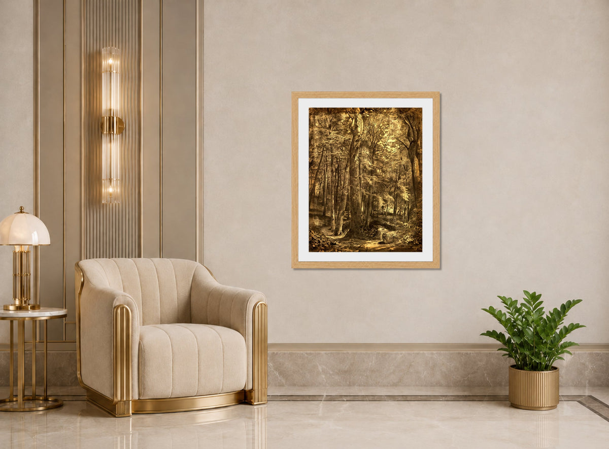 William Trost Richards Print, In The Woods (1864) displayed in an Art Deco interior