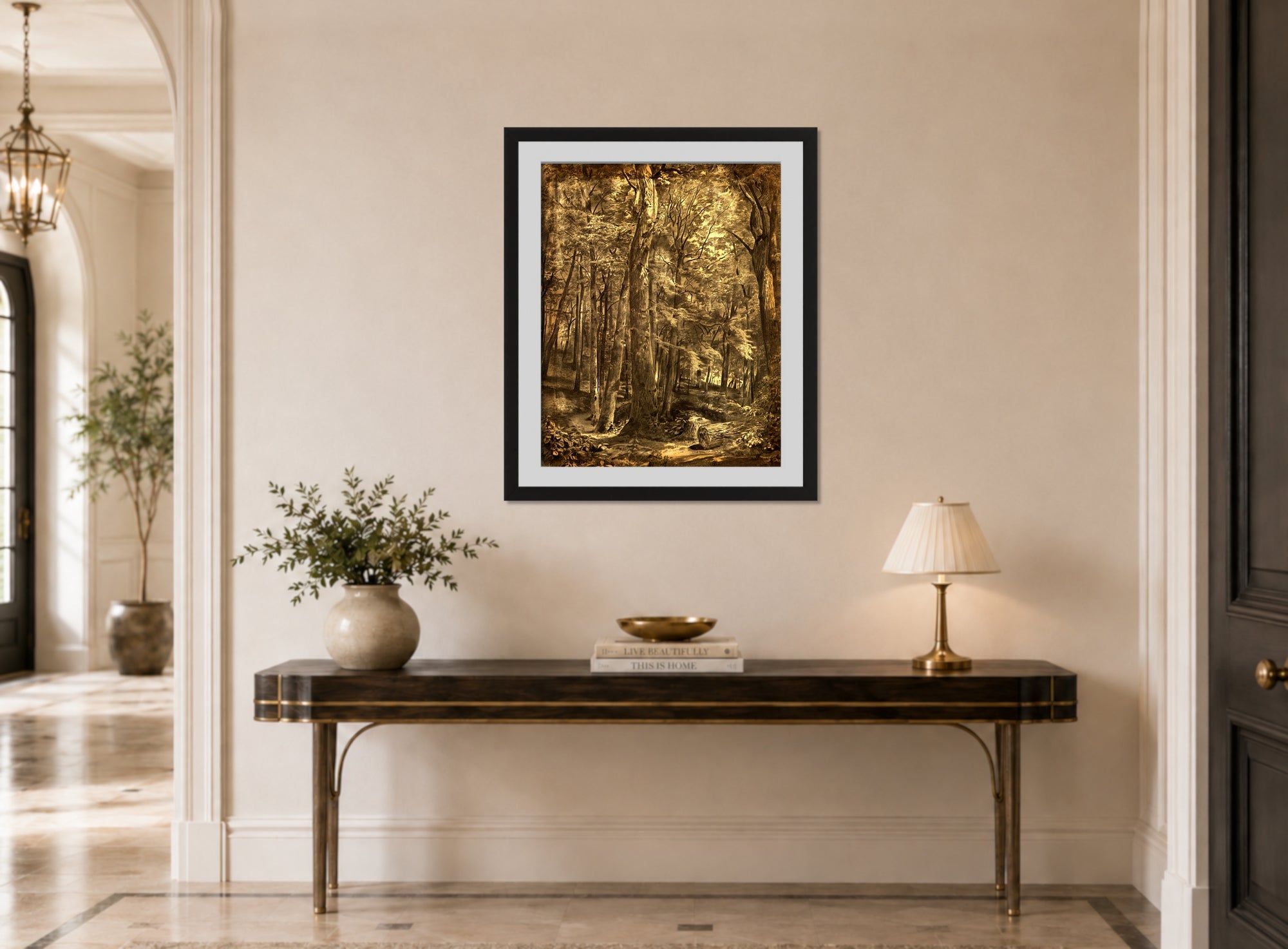 William Trost Richards Print, In The Woods (1864) displayed above a console table