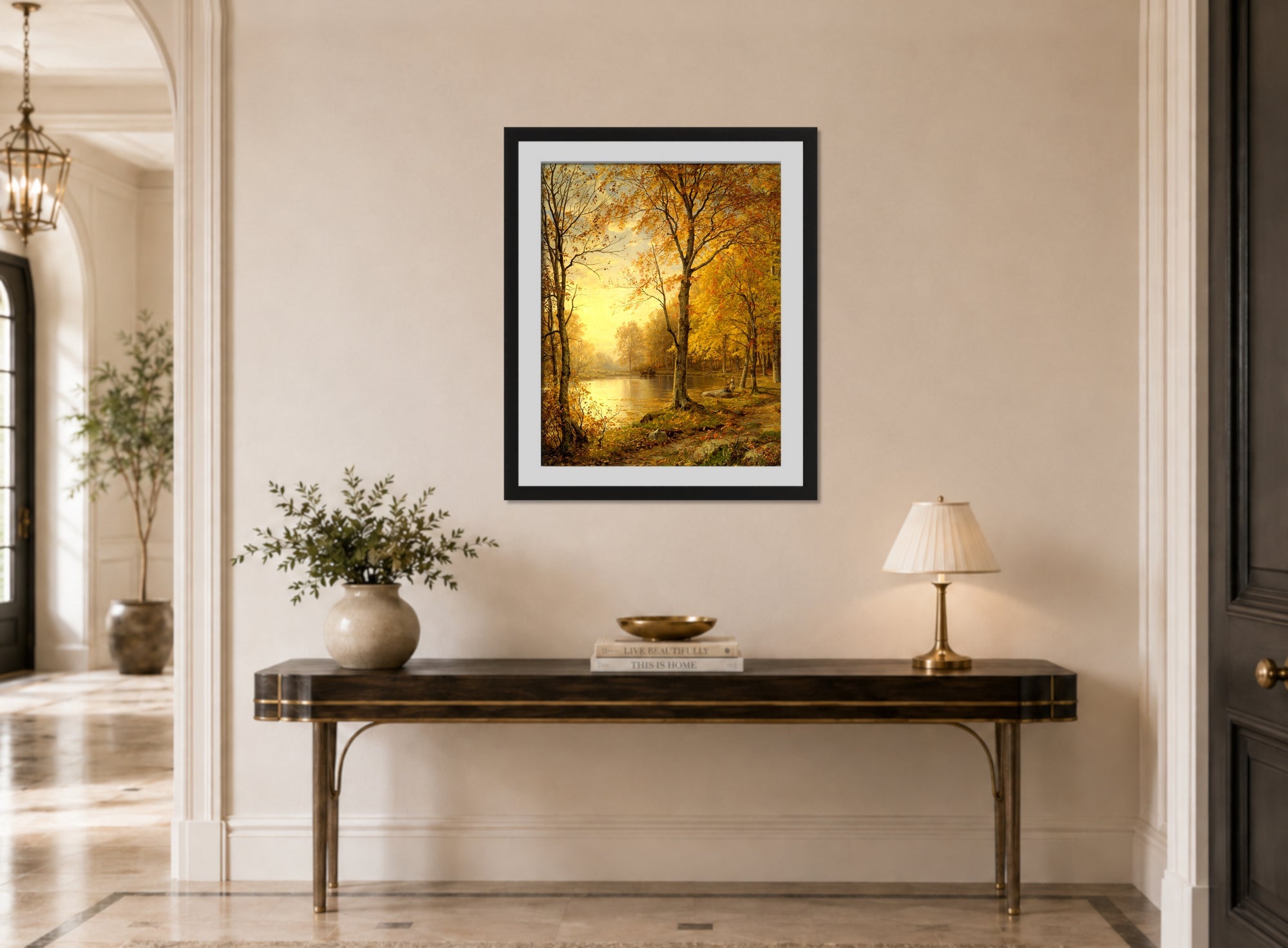 William Trost Richards Print, Indian Summer (1875) displayed above a console table