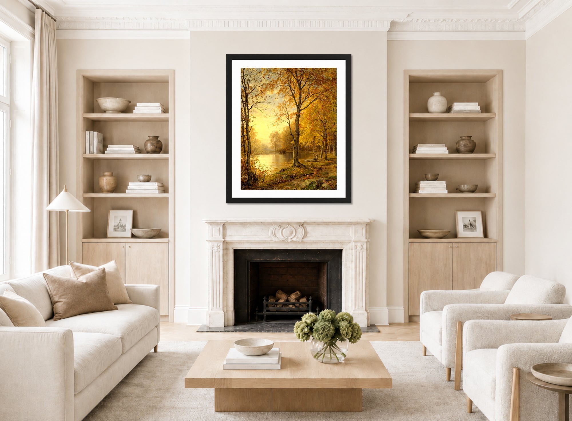William Trost Richards Print, Indian Summer (1875) displayed in a Scandinavian living room